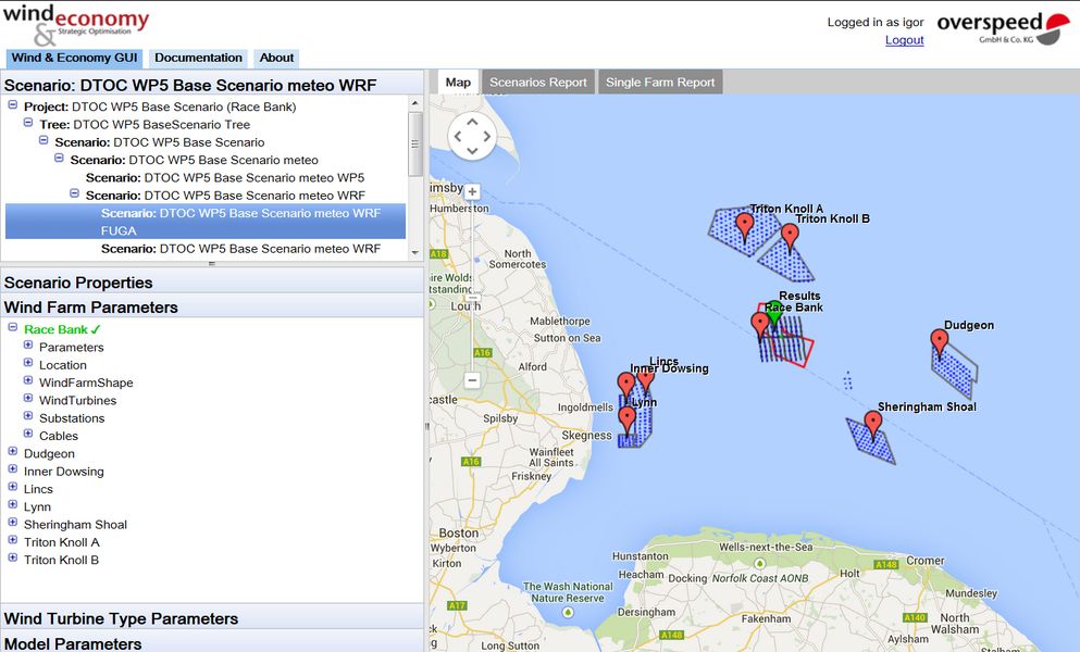 Wind & Economy web GUI showing one selected scenario